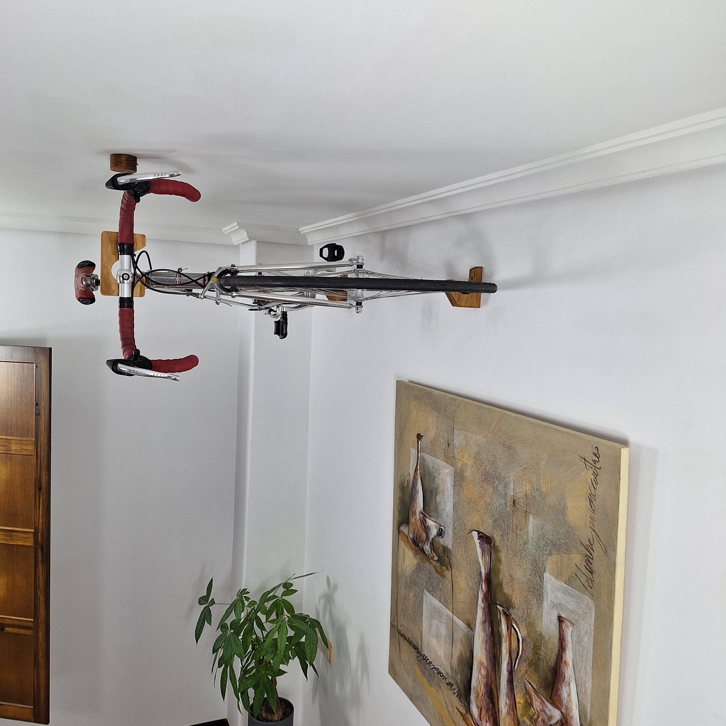 Wooden Ceiling Bike Mount – Minimalist Bike Storage for Small Spaces