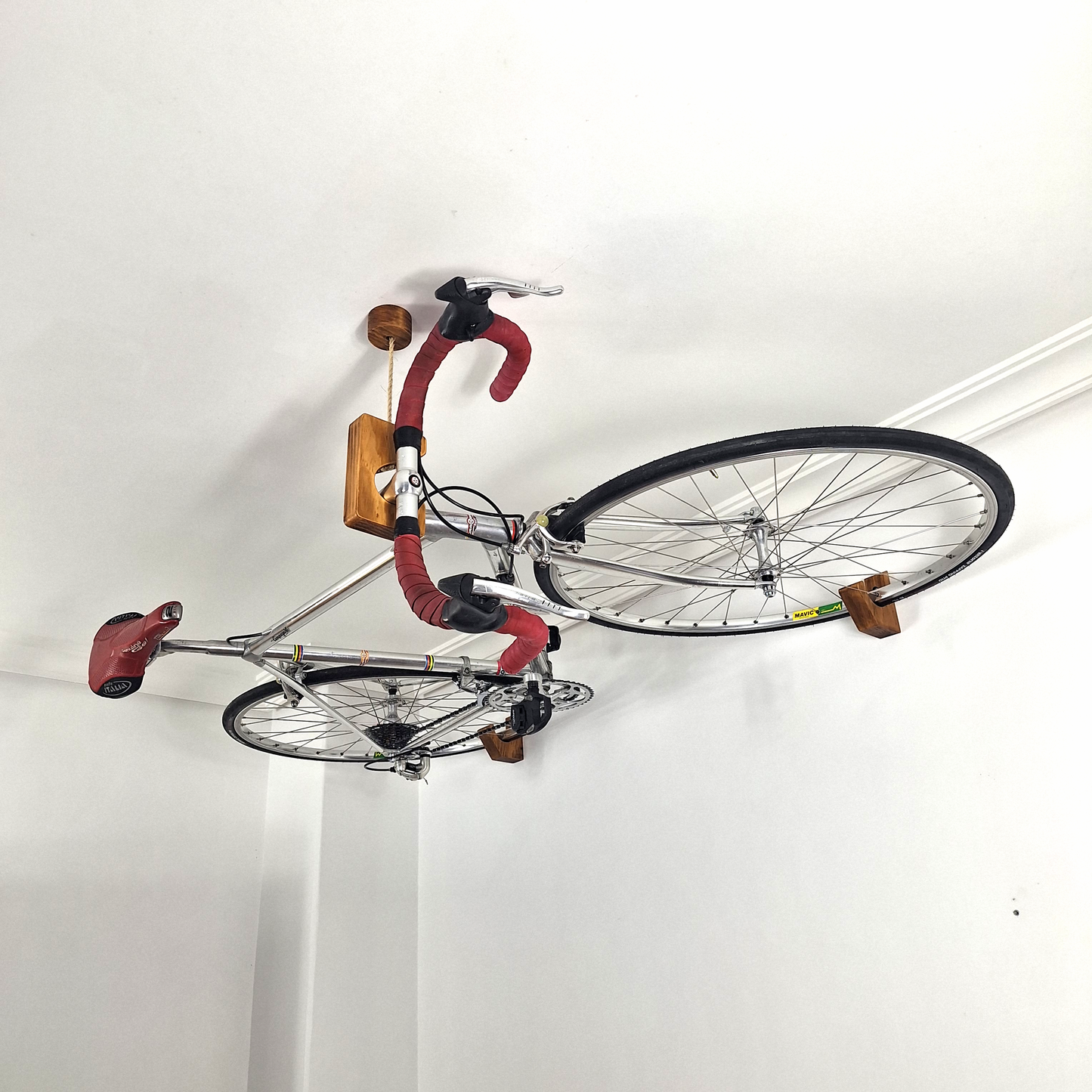 Wooden Ceiling Bike Mount – Minimalist Bike Storage for Small Spaces