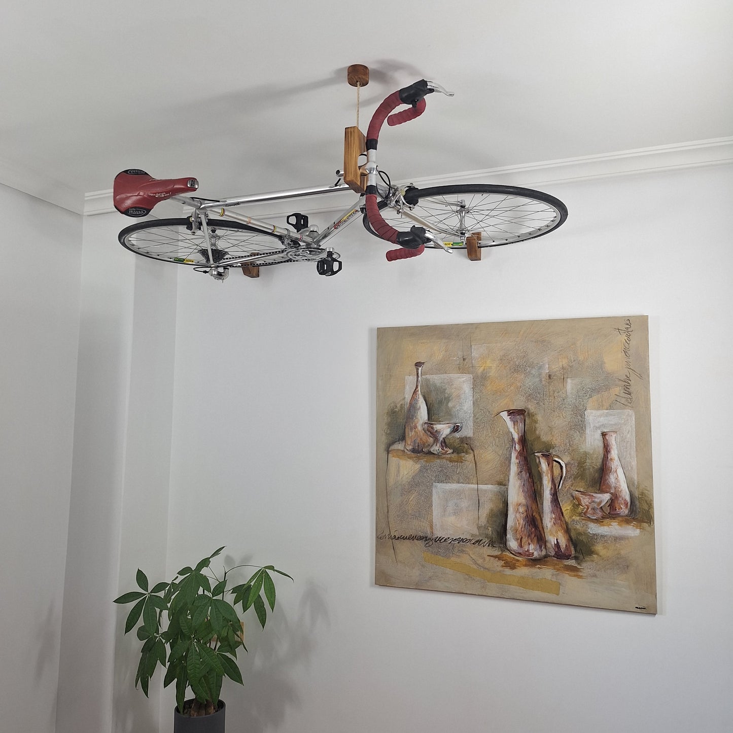 Wooden Ceiling Bike Mount – Minimalist Bike Storage for Small Spaces